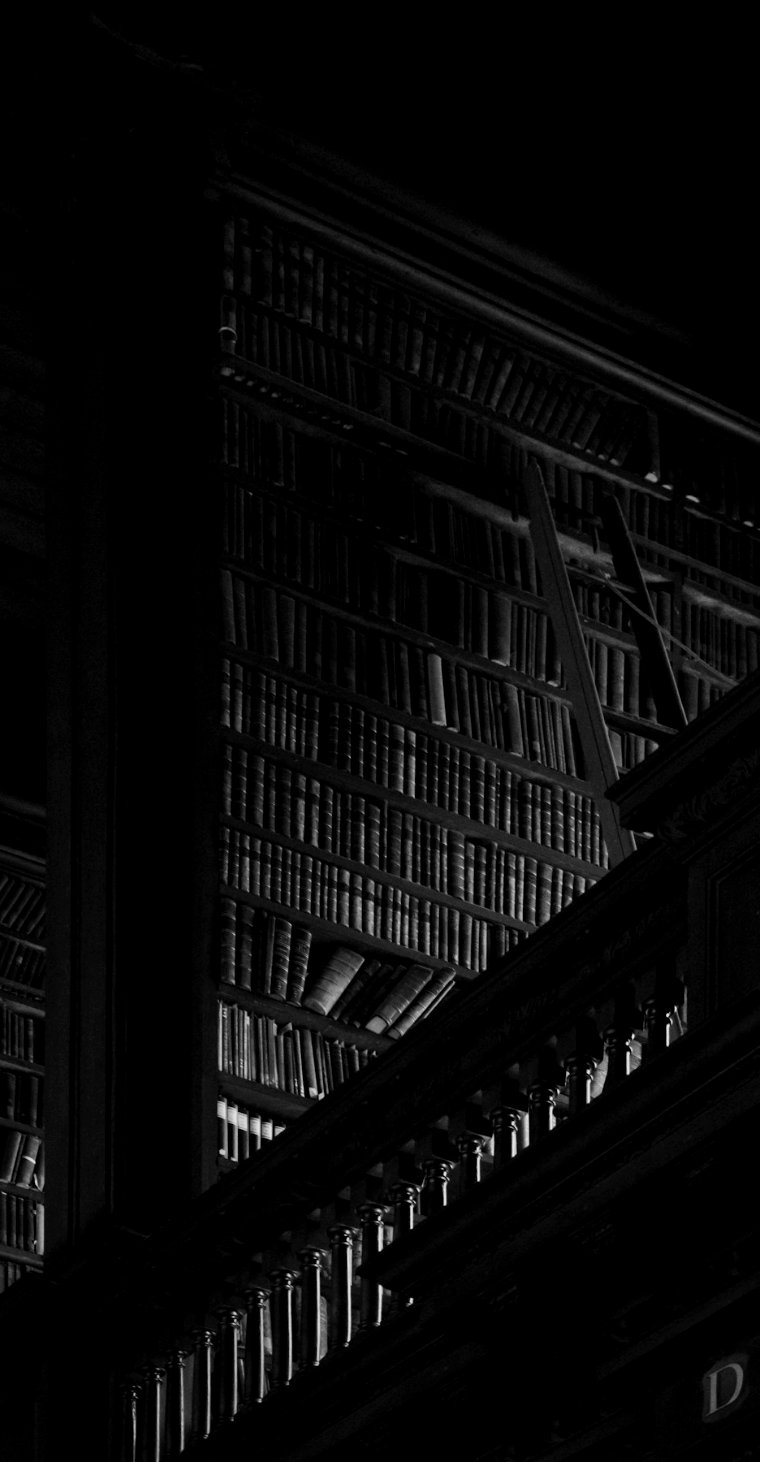 Dark library stacks of legal books